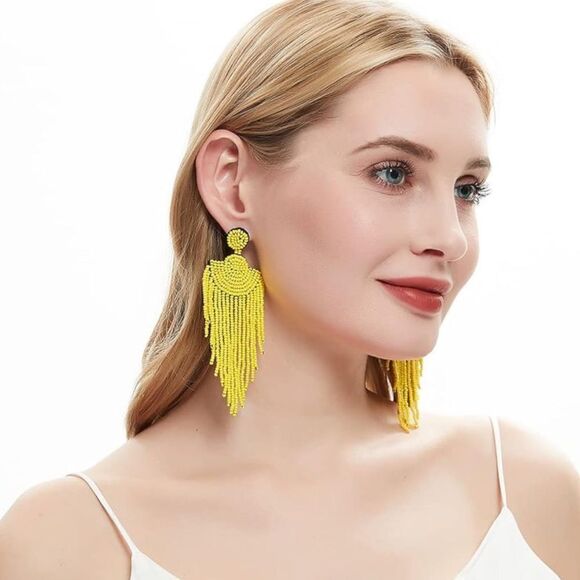 Long Boho Yellow Beaded Tassel Fringe Dangling Drop Fan Chandelier Post Earrings - Picture 5 of 7